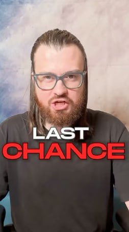 A man with long hair and glasses speaking directly to the camera, with the text 'LAST CHANCE' superimposed in large white and red letters across his chest.
