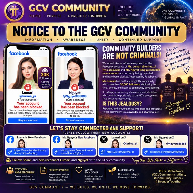 A GCV Community notice announcing that the Facebook accounts of Lumari (@lurima_pi) and Ms. Nguyet (@Nguyet888888), who have a combined 30,000+ followers, have been reported and blocked, with the post urging unity and providing links to follow their new accounts.