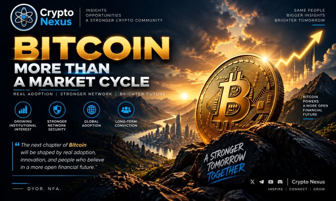 A promotional graphic titled 'BITCOIN MORE THAN A MARKET CYCLE' by Crypto Nexus features a large golden Bitcoin coin against a sunset landscape, with icons highlighting real adoption, stronger network, and brighter future.