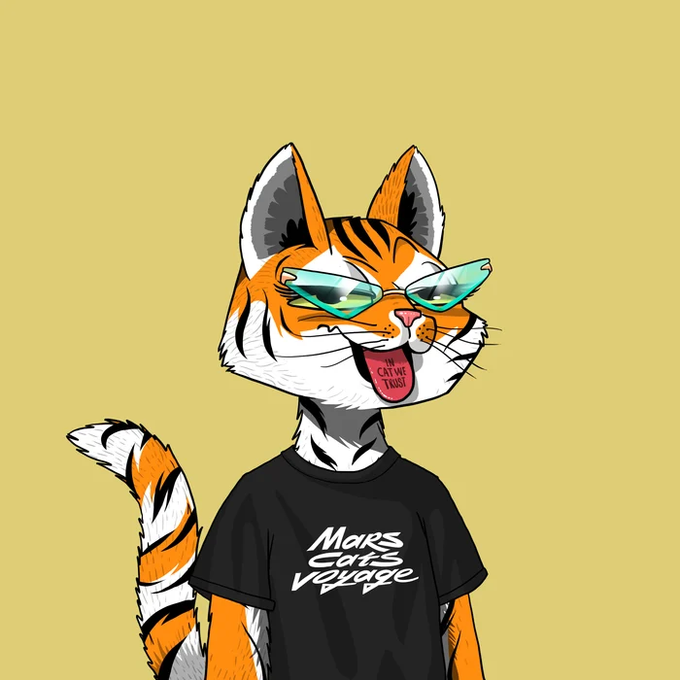 A cartoon illustration shows a smiling tiger character wearing teal sunglasses and a black t-shirt that reads 'Mars Cat's Voyage,' holding a red popsicle that says 'MEOW EAT ME TIGER!'