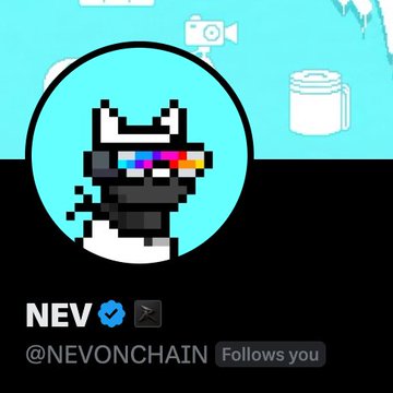 A profile picture showing a pixel art cat wearing sunglasses on a cyan background, with the handle 'NEV' (@NEVONCHAIN) and a 'Follows you' tag.