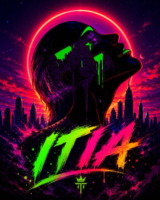 A dark silhouette of a figure with neon green paint drips is set against a vivid sunset with a glowing ring and a city skyline, featuring the text "ITIA" in vibrant pink, green, and orange brushstrokes and a small crown logo at the bottom.

The imagery reflects the post's message of artistic authenticity and community, with the bold, dripping colors symbolizing the raw, unforced creativity ITIA embraces, while the silhouetted figure and crown represent the grounded, human-centered "family" the brand cultivates beyond hype.