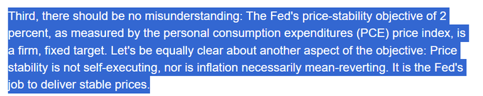 A highlighted text excerpt from a Federal Reserve statement affirming that the 2 percent PCE price-stability objective is a firm, fixed target and that delivering stable prices is the Fed's job.