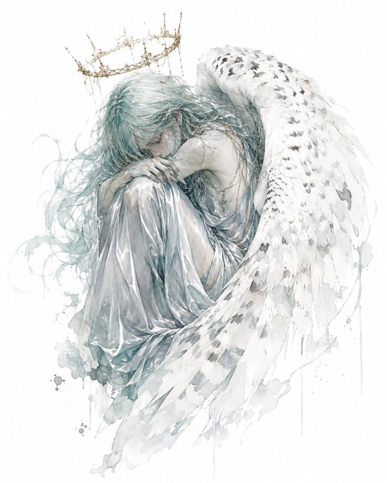 A delicate watercolor illustration of a melancholic angel with pale blue hair, a crown, and large white wings, hugging its knees.