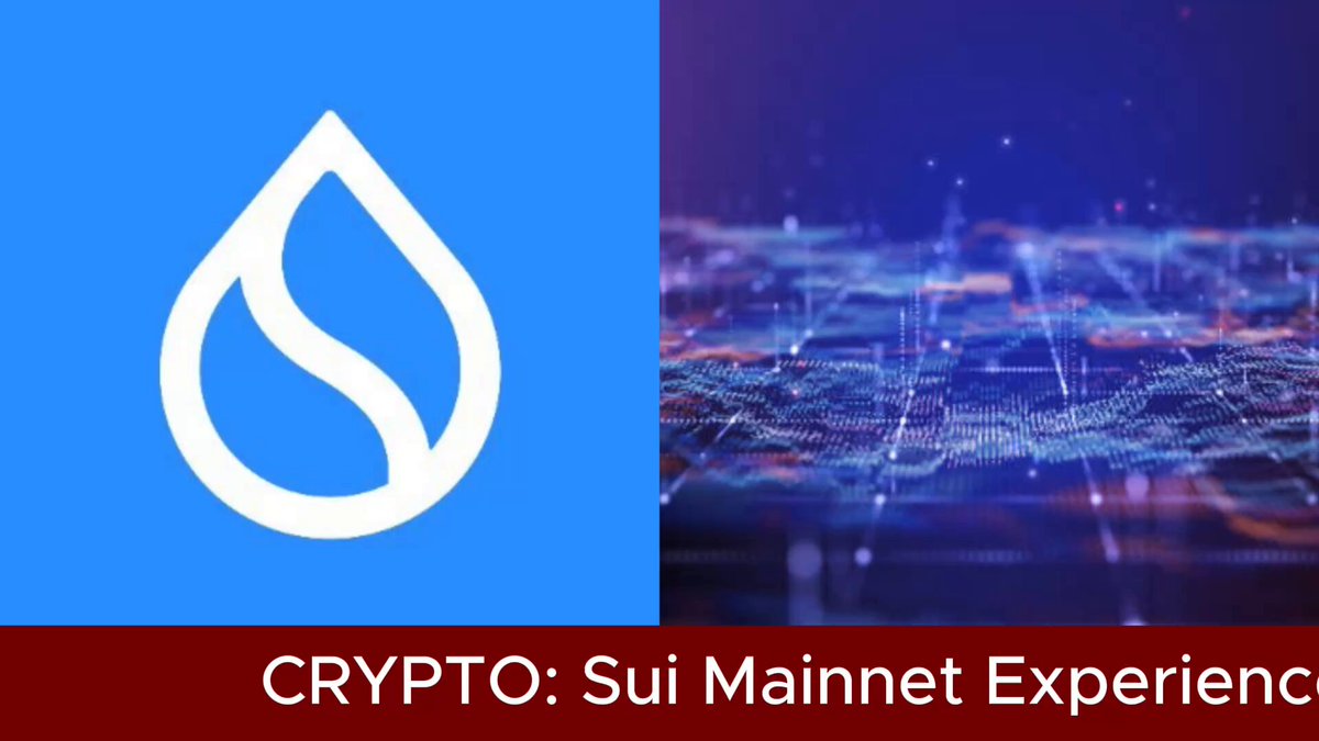 The image features two different logos, one blue with a white drop shape and the other red with the word "Crypto" written above it. The blue logo represents a cryptocurrency called Sui Mainnet Experience, while the red logo displays the phrase "Sui Network ( @SuiNetwork ) officially reports a mainnet stall as the core development team investigates an ongoing technical outage".