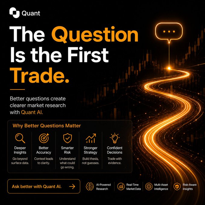 A dark promotional banner for 'Quant' declares 'The Question Is the First Trade,' highlighting AI-powered market research with icons for Deeper Insights, Better Accuracy, Smarter Risk, and more.