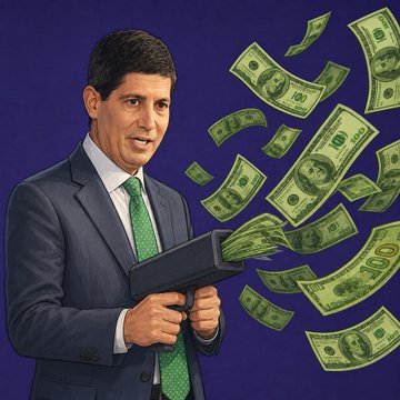 A cartoon illustration of a man in a dark suit and green tie firing a money gun that shoots out numerous hundred-dollar bills against a dark blue background.