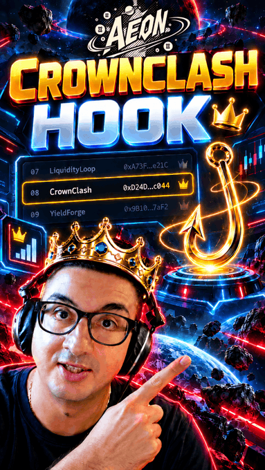 A vibrant gaming/crypto thumbnail featuring 'AEON CROWNCLASH HOOK' text with a golden crown, leaderboard showing LiquidityLoop, CrownClash, and YieldForge, and a young man with glasses and a crown pointing at the viewer.
