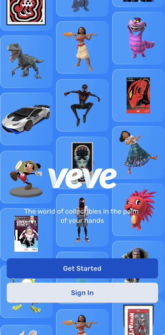 A mobile app splash screen for 'veve' displays 'The world of collectibles in the palm of your hands' along with 'Get Started' and 'Sign In' buttons over a grid of digital collectibles including Spider-Man and Moana.