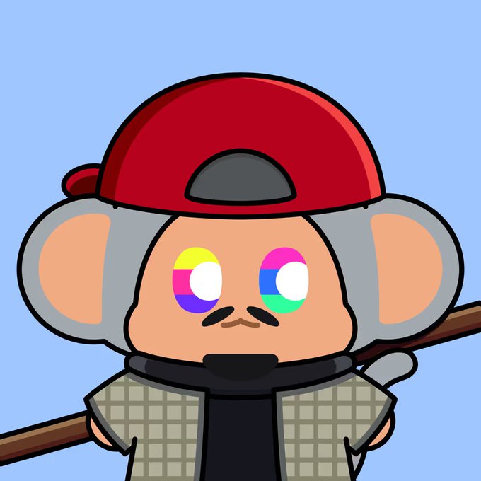 A cartoon illustration of a monkey-like character wearing a red baseball cap backward and a plaid shirt, featuring large, colorful, mismatched eyes.