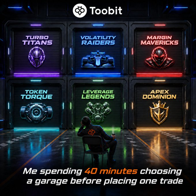 A person sits in a chair contemplating six neon-lit garage banners—Turbo Titans, Volatility Raiders, Margin Mavericks, Token Torque, Leverage Legends, and Apex Dominion—displayed under the Toobit logo, with the caption "Me spending 40 minutes choosing a garage before placing one trade," humorously illustrating the post's theme of struggling to pick a team in Toobit's TIFT 2026 futures tournament.