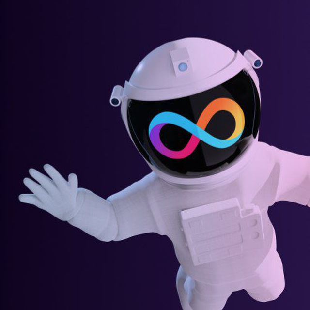 A 3D-rendered astronaut in a white spacesuit with an infinity symbol on the visor floats against a dark purple background with arms outstretched.
