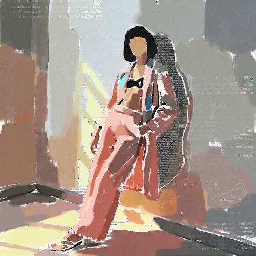 The image features a woman wearing a pink suit, standing against a gray wall with her legs crossed. The background of the image consists of various shades of brown and white colors. There are also some texts present in the image that read "✧ always been here ✧ by @lorenipsum_nft SOLD↴ to @sjf_keef for 0.5 ETH ($894.71) $RARE". The woman's pose, along with the background and text elements, create a visually appealing composition that captures attention.