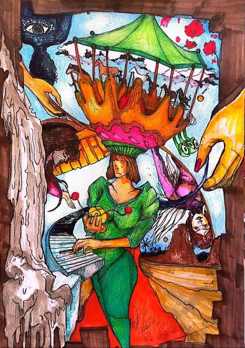 A vibrant mixed-media drawing of a figure in a green dress wearing a large colorful crown and hat, playing a piano, with other faces and elements surrounding them.