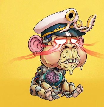 Image 7: A cartoon illustration of a zombie-like monkey wearing a captain's hat, featuring an exposed brain with cybernetic implants and bleeding red eyes against a yellow background.