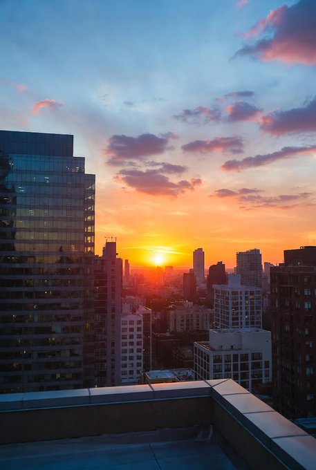 A vibrant sunset casts golden and pink hues over a city skyline, with the sun dipping behind towering skyscrapers as viewed from a rooftop terrace. The breathtaking view evokes the "good morning" greeting, inviting followers to greet the day with the same awe and warmth the image radiates.