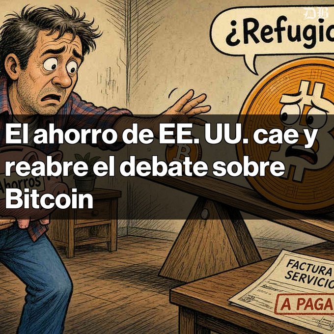 An illustration depicting a worried man pushing against a seesaw with a distressed Bitcoin coin, overlaid with Spanish text: 'El ahorro de EE. UU. cae y reabre el debate sobre Bitcoin'.