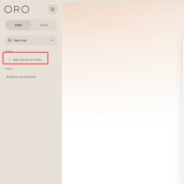 Screenshot of ORO app interface showing 'Set Clarity on Ondo' option highlighted with a red box in the chat menu, with 'Analyze my portfolio' option below.