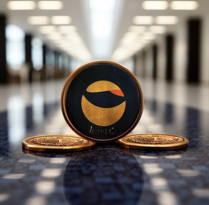 A close-up of three gold-rimmed LUNC crypto coins rests on a reflective surface, with the central coin prominently displaying the "LUNC" ticker and its distinctive orange and black logo. The polished, upscale setting visually reinforces the post's bullish claim that $LUNC has the potential to mint millionaires, aligning with the hashtags celebrating the LuncArmy and LuncBurn community.