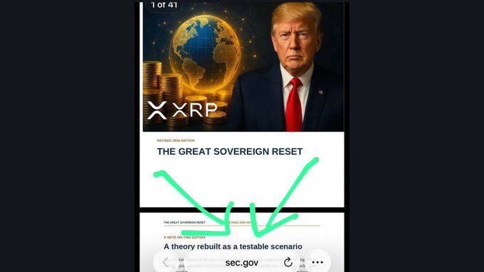 A webpage from sec.gov displays a document titled "THE GREAT SOVEREIGN RESET" with a prominent XRP logo and an image of Donald Trump beside a globe, overlaid with hand-drawn green checkmarks highlighting the title and text. The "1 of 41" indicator and visible caption "A theory rebuilt as a testable scenario" suggest it is a multi-page hosted document referencing cryptocurrency within a sovereign monetary framework.