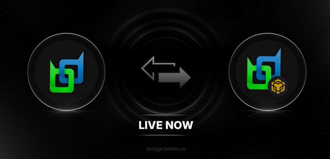 A promotional graphic showing the Beldex Bridge now live, featuring the Beldex logo (green and blue) on the left and right, connected by arrows to indicate seamless cross-chain transfers between the Beldex Native Chain and BNB Smart Chain, with a BNB chain icon on the right and the text "LIVE NOW" alongside the URL "bridge.beldex.io."