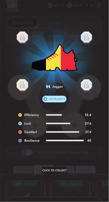 The image shows a phone screen with an app icon, which appears to be a shoe shopping app. The main focus of the image is a pair of shoes displayed on the screen, possibly for sale or as part of a virtual try-on feature. The background of the image features a blue and red light pattern that matches the design of the shoes.