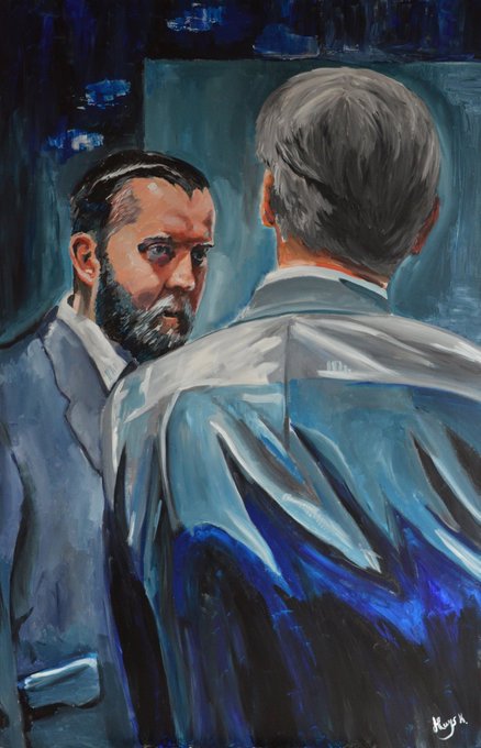 An expressive painted artwork showing two men in formal attire, one bearded man facing the viewer while another with gray hair has his back turned, rendered in blue and gray tones.
