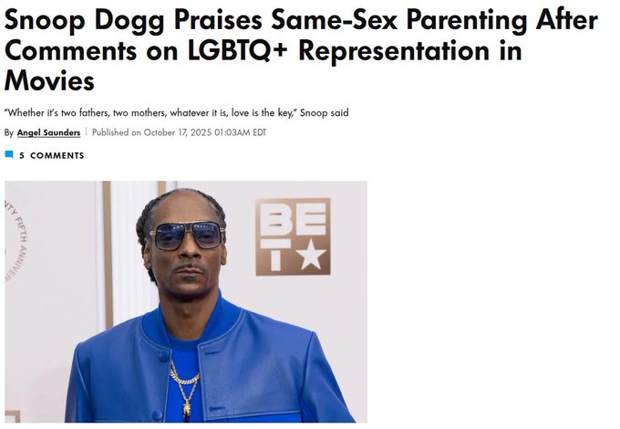 News article headline reading 'Snoop Dogg Praises Same-Sex Parenting After Comments on LGBTQ+ Representation in Movies' with a subquote 'Whether it's two fathers, two mothers, whatever it is, love is the key' alongside a photo of Snoop Dogg in a blue jacket.