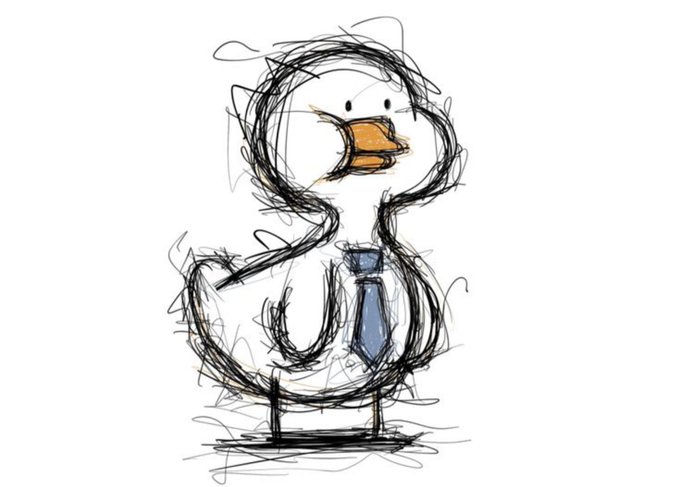 A rough, scribbled digital sketch of a cartoon duck character wearing a blue tie.