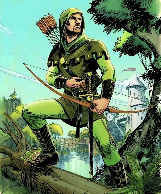 Comic book illustration of an archer in green hooded attire with a quiver of arrows, bow, and sword, standing with one foot on a log, with a small green frog and a castle in the background.