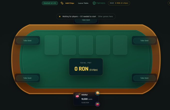 An online poker table interface shows 'Waiting for players - 1/2 needed to start' with a total pot of '0 RON (0 chips)' and player 'AzleAzz' with 10,000 chips.