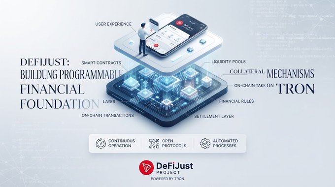 An infographic for 'DeFiJust: Building Programmable Financial Foundation on TRON', highlighting smart contracts, liquidity pools, collateral mechanisms, and on-chain transactions in a layered 3D design.