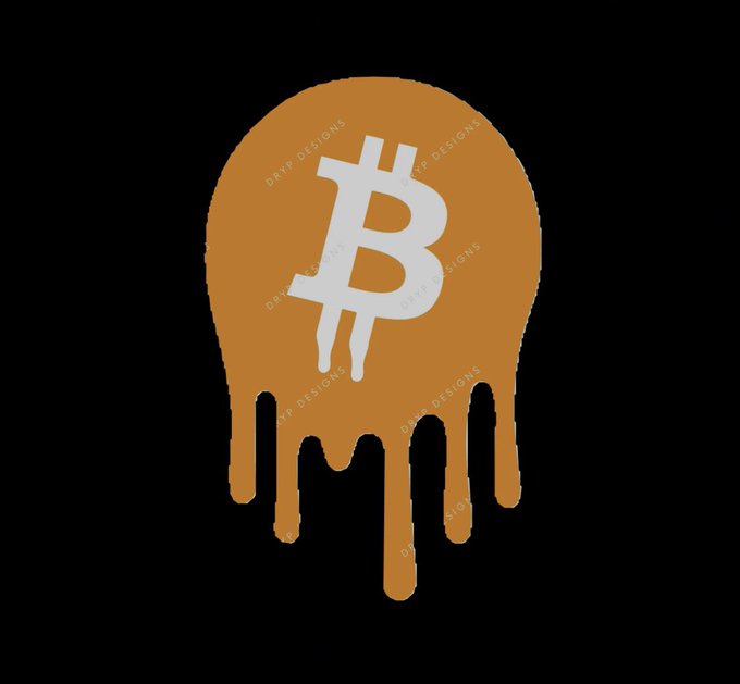 An artistic graphic of the Bitcoin logo (₿) in white, surrounded by orange paint drips, with 'DRYP DESIGNS' watermarks visible on a black background.