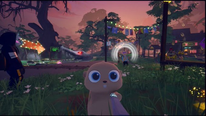 A screenshot from a 3D adventure game featuring a cute, big-eyed cartoon creature in a grassy area at sunset, with other characters and string lights in the background.
