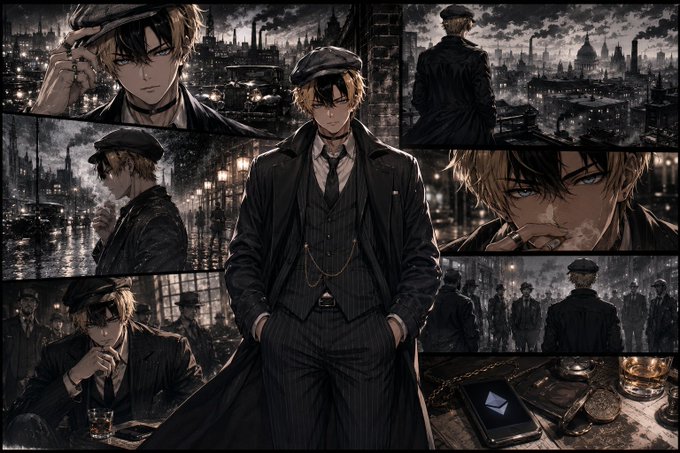 Anime-style illustration collage of a blonde male character in a dark coat and cap set against a moody industrial cityscape with smoke and dim lighting.