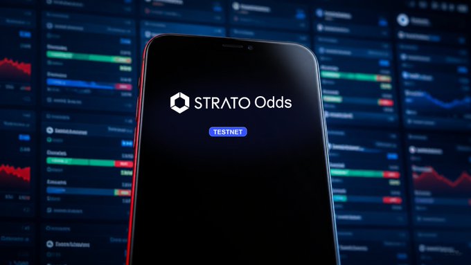A smartphone displaying the 'STRATO Odds' app logo with a 'TESTNET' button, set against a background of cryptocurrency trading charts.