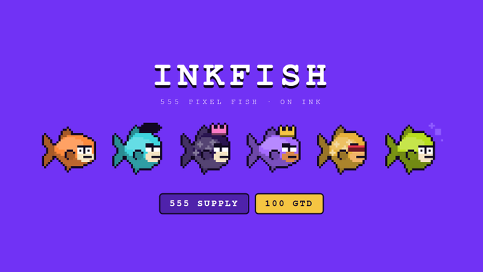 A purple promotional graphic for "INKFISH" featuring six pixel-art fish characters wearing accessories like hats and crowns, with buttons reading "555 SUPPLY" and "100 GTD."