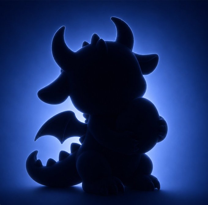A silhouetted 3D render of a small dragon or dinosaur character with horns and wings, illuminated by a blue backlight.