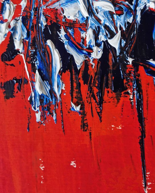 An abstract painting featuring thick impasto strokes of red, white, blue, and black paint, with heavy drips running down the lower half.