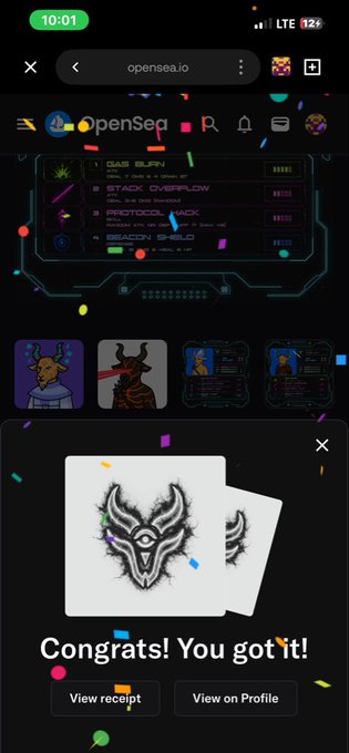 A mobile screenshot from opensea.io shows an OpenSeq NFT collection page with a pop-up notification reading 'Congrats! You got it!' over an image of a horned creature NFT.