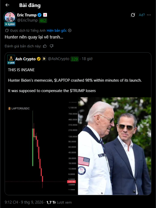 An X/Twitter post by "Eric Trump" (@EricTrump) quoting "Ash Crypto" (@AshCrypto), featuring a chart titled "LAPTOP/USDC" with a steep red crash next to a photo of Joe and Hunter Biden, commenting on the $LAPTOP memecoin dropping 98%.