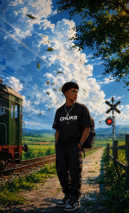 An anime-style illustration of a young man wearing a black 'CHUKS' t-shirt standing near railroad tracks with a green train, railroad crossing signal, and blue cloudy sky.