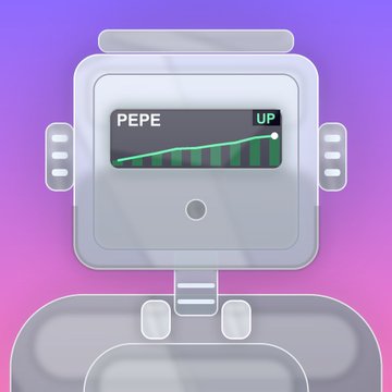 A cartoon-style illustration of a robot with a digital display face showing a green chart trending upward labeled 'PEPE' with an 'UP' indicator.