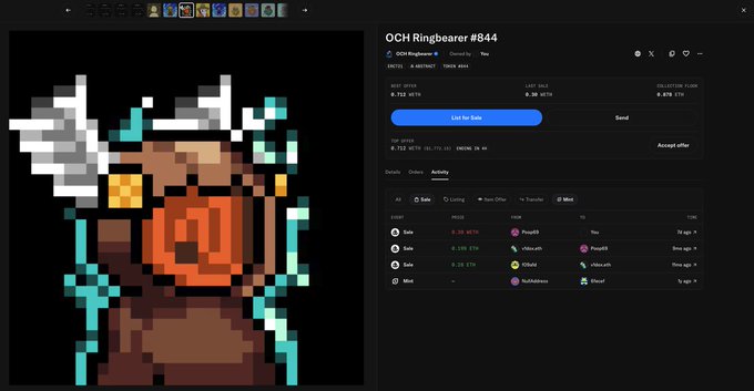 A pixel art character from the OCH Ringbearer NFT collection (#844), featuring a hooded figure with a glowing orange spiral emblem, displayed on an NFT marketplace showing a best offer of 0.712 WETH and a collection floor of 0.076 ETH.