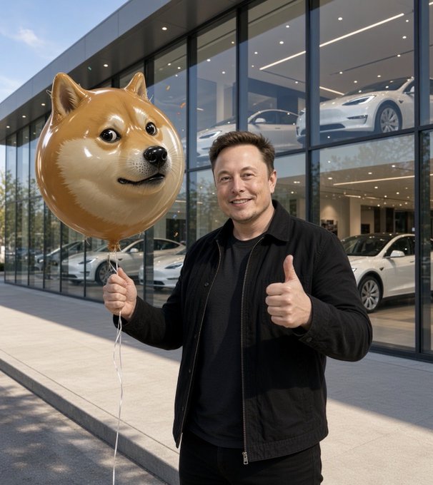 A man resembling Elon Musk smiles and gives a thumbs-up while holding a Doge balloon in front of a Tesla showroom.