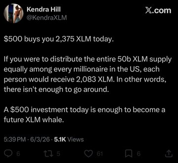 The image features a black background with white text that reads, "If you were to distribute the entire 50b XLM supply equally among every person, each person would receive 2,otta XLM. In other words, there isn't enough to go around." The text is written in a casual and conversational style, making it appear as if someone is sharing their thoughts on the matter with others.