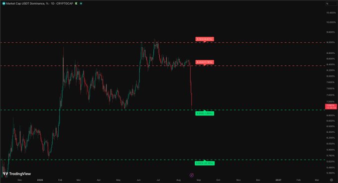 The image shows a TradingView daily chart of USDT Dominance (CRYPTOCAP) with key resistance levels marked at 8.30% and 8.00%, support levels at 7.25% and 6.70%, and a recent sharp drop toward support. The post "Bro should we be cautious now for today?" relates to this setup, as USDT dominance recently plunged from resistance, signaling potential risk-off sentiment in the crypto market that traders may want to be cautious about.