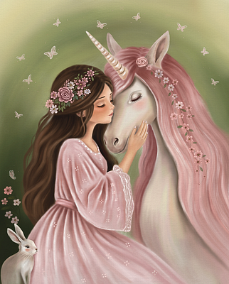 A whimsical illustration of a girl with long brown hair wearing a pink dress and a flower crown, tenderly touching the face of a pink-maned unicorn adorned with flowers, with a small white rabbit in the corner.