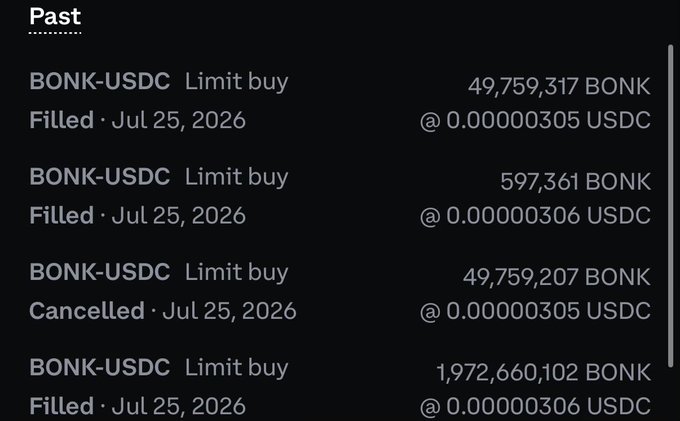 A cryptocurrency order history showing four BONK-USDC limit buy orders, three of which were filled on July 25, 2026 at prices around 0.000000305-0.000000306 USDC, including one for 1,972,660,102 BONK that was cancelled.
