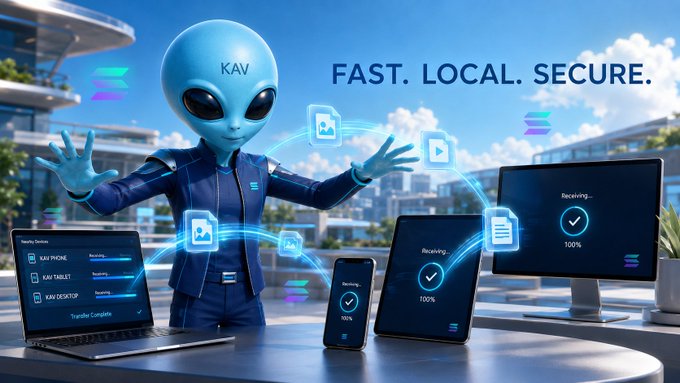 A promotional graphic featuring a blue alien character labeled 'KAV' with the text 'FAST. LOCAL. SECURE.' shows devices transferring files.